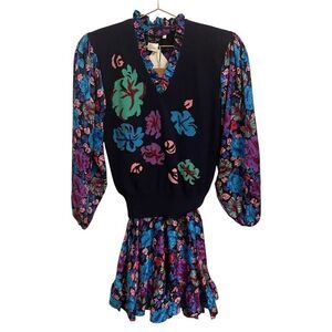 Vintage with Tags Diane Freis Silk Wool Floral Sweater and Skirt Set Size Large